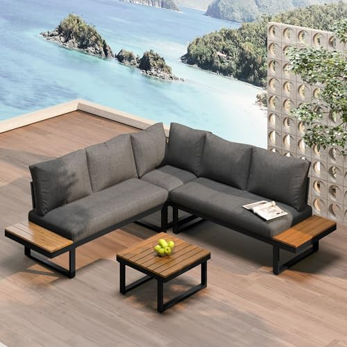 Laxnb Garten Lounge Möbel Gartenmöbel Set Sofagarnitur, Ecksofa mit Couchtisch, Balkonmöbel, Outdoor Terrasse Patio Garten Möbel, Eckposition mit Verstellbarer Winkel-Liegefunktion (Grau+Schwarz)
