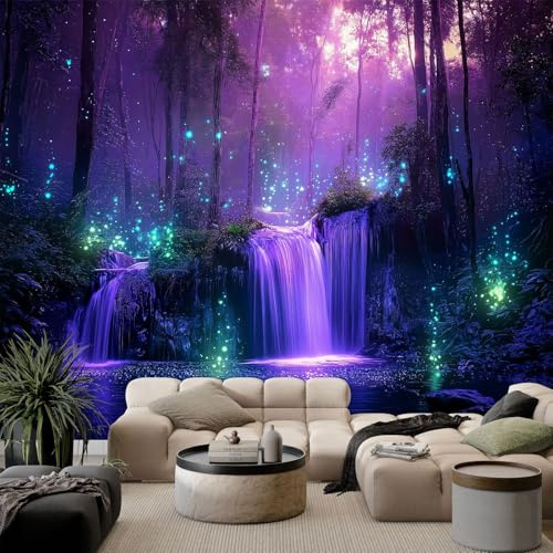 Fantasievoller Leuchtender Zauberwald Fototapete 300 x 210 cm (B x H) Vliestapete XXL Panorama Wandbild für Mädchen & Jungs Schlafzimmer Wanddekoration mit 3D Effekt, Lila