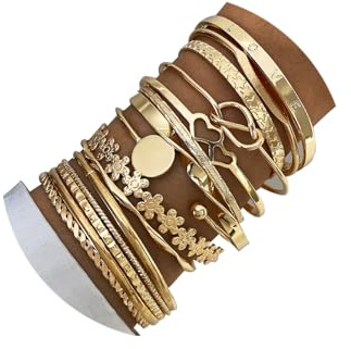 17IF 15 Pcs Gold Charm Chunky Bangle Bracelet For Women, 14K Gold Plated