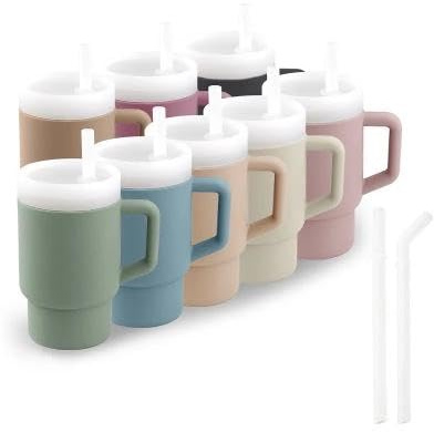 Mini Tumbler Baby Cup with Straw 280ml/9.5oz – 2pc, Leak-Resistant, with Handle, Food-Grade Silicone, BPA-Free – Colours: Ether, Apricot, Sage, Dusty Lilac or Light Grey. (Multi)