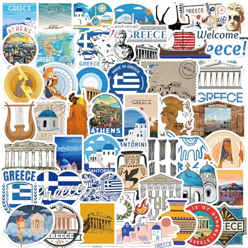 Griechenland Aufkleber, 50 Stück Greece Travel Stickers, Vinyl Stadt Reise Landschaftliche Aufkleber, Land Thema, ikonische Urlaubsaufkleber für Tagebücher, Sammelalben, Computer, Skateboard