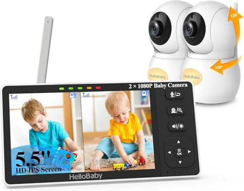 HelloBaby Baby Monitor 2 Kameras mit 1080P Babykamera, 5,5 Zoll Split-Screen Baby Monitor mit Kamera und Nachtsicht, kein WLAN, Pan-Tilt-Zoom, Nachtlicht, 1000 ft Reichweite, Zweiwege-Audio