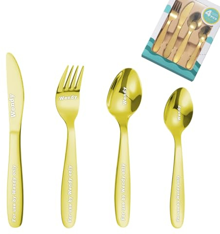 Personalisiertes Besteckset, Custom Cutlery 4-teiliges graviertes Messer, Gabel, Löffel Edelstahl-Besteckset Taufe Weihnachtsgeschenke für Jungen Mädchen Besteckgeschenke (Gold)