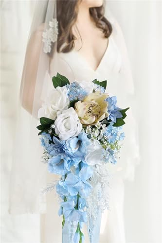 SBJKLYRN bouquet, 9.8 Inch for Bride Dusty Blue, Artificial Orchids Bridal Bouquet, Drop Shape for the Bride Wedding Ceremony Anniversary