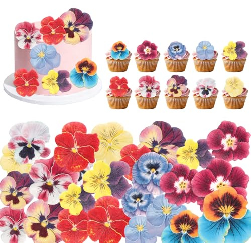 60 Stück Essbare Blumen Tortenverzierung, Oblatenpapier Stiefmütterchen Tortenaufleger Bunte Frühlings Geburtstagsfeier Deko für Hochzeitsmotiv DIY Basteln Baby Shower Zubehör