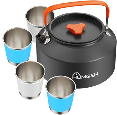 HOMGEN Bouilloire de camping portable 2,0 l - 4 tasses avec coques en silicone - Bouilloire en oxyde d'aluminium - Avec sac de transport - Pour pique-nique, extérieur, voyage, randonnée