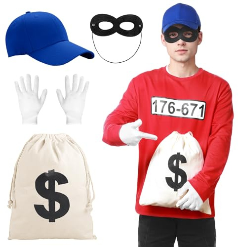 Harsever Panzerknacker Kostüm Satz, Bankräuber Kostüm Einbrecher Outfit Rotes Langarmshirt mit Räuber Maske Geldsack Handschuhe Mützen,Karnevalskostüme für Damen und Herren
