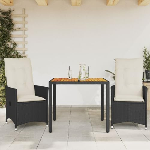 Runheo 3-TLG. Bistro-Set mit Kissen, Schwarz Poly Rattan und Akazie, verstellbare Relaxsessel, UV-beständig, 90x90x75 cm Tisch, für Garten, Balkon