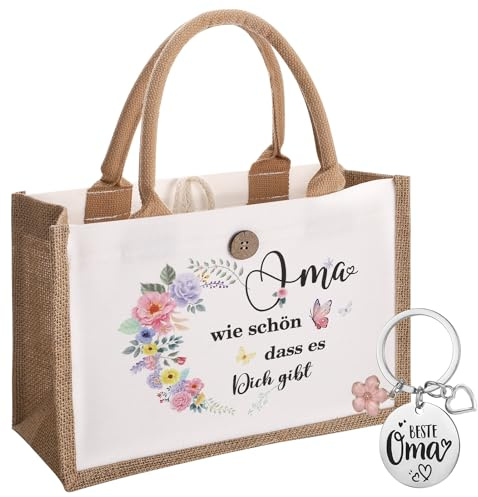 kodinsiivous Geschenke für Oma Personalisiert Jutetasche mit Schlüsselanhänger für Frauen Beste Oma und Mama Muttertagsgeschenk Geburtstagsgeschenk zum Geburtstag, Muttertag