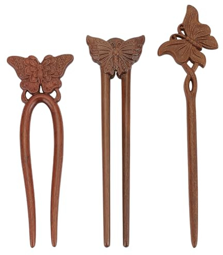 WEBEEDY 3 stili di bastoncini per capelli in legno fatti a mano farfalla in legno di sandalo forcine per capelli francesi per donne forcine per capelli vintage cinesi per uso quotidiano, cosplay