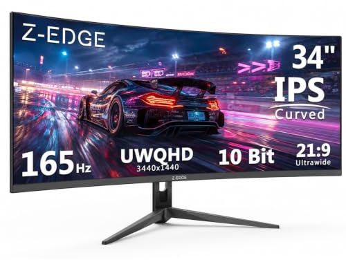 Z-Edge 34 Inch Ultrawide Curved Gaming Monitor 165Hz 3440x1440 1ms DP HDMI | 21:9 IPS UWQHD 1500R, 96% DCI-P3, 1.07B Colors, 10Bit, 120% sRGB, Adaptive Sync, PIP PBP, DP (165Hz) HDMI (100Hz), Black