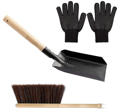 Fireplace Cleaning Tools - 14.57 Inch Heavy Duty Ash Shovel, and Wooden Handle Broom, Tool Set with Gloves | Dust Sweeping Maintenance Accessory for Wood Stove Fire Pit Coal Campfire, Outdoor