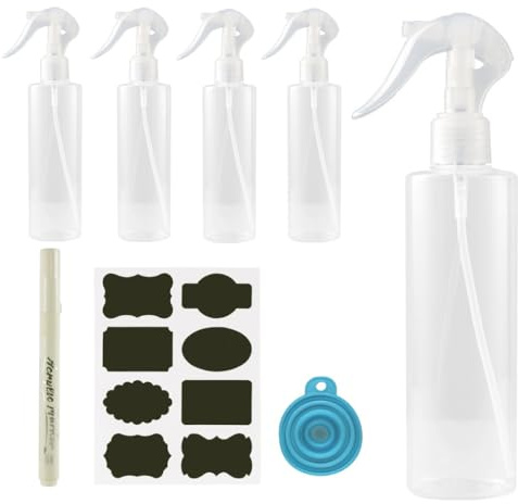 Pequeñas botellas de spray para rellenar, 5 unidades, 200 ml, pulverizador | Botella pulverizadora de agua fina para cabello y plantas, incluye embudo y etiquetas, botellas vacías para belleza