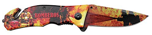 THIRD Klappmesser K2804BOM, Aluminiumgriff mit 3D-Fotodruck mit Feuermotiven und Stahlblech 420 von 10 cm, mit Schneidegurt und Spitzenglasbrecher.
