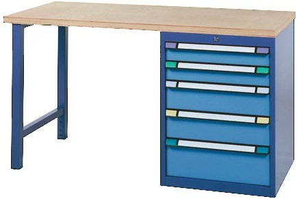 Werkbank B1500xT700xH840mm Buche Multiplex taubenblau hellblau 5Schub.THURMETALL