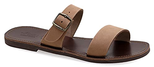46 Dunkelbraun Emmanuela griechische Ledersandalen für Herren, hochwertige handgefertigte Herrensandalen mit verstellbarem Schnallenriemen, Sommerschuhe mit offenen Zehen, Slide Riemchensandalen