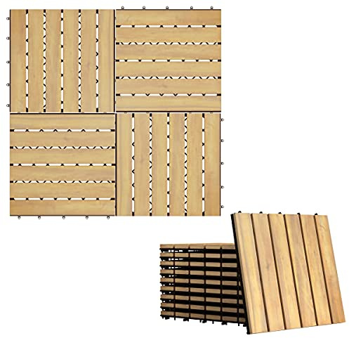 RELAX4LIFE 10er Bodenfliesen aus Akazienholz, Klickfliesen mit Stecksystem, Steckfliesen mit gutem Entwässerungssystem, Zuschneidbare Holzfliesen für Balkon & Terrasse & Garten, 30 x 30 cm (Modell 2)