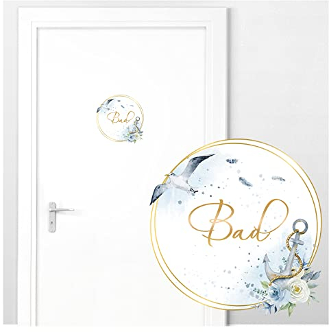 Grandora Türaufkleber Bad mit Möwe und Anker I 19 x 19 cm (BxH) I Wandsticker selbstklebend WC Wandaufkleber Toilette Wandtattoo Badezimmer Aufkleber Sticker DL742
