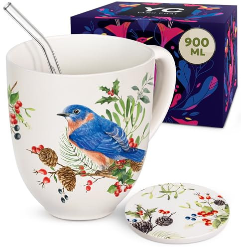 YC YANG CHAI Jumbotazza 900 ml - Tazze da Tè in Porcellana di Ossa - Set XXL con Sottobicchiere - Mug Grande, Tazza Colazione - YC Suni Birds