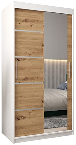 MEBLE KRYSPOL Kleiderschrank mit Spiegel Verona 2 - Garderobenschrank - Schrank Schlafzimmer - Mehrzweckschrank Zwei Schiebetüren - Regalen - Flur Möbel - Kleiderstange Schrank - Allzweckschrank