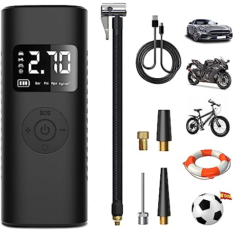 AWESAFE 7800mAh Compresor Aire Portatil 150PSI &Power Bank, Inflador Ruedas Coche con Pantalla LCD Digital y Linterna LED SOS, Bomba de Aire Bicicletas, Scooters, Moto, Coche, Pelotas