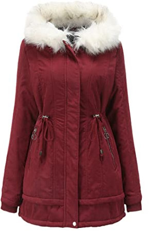 Rot Schwarz mit Fellmütze, dicke warme Damen-Winter-Reißverschluss, Bomberjacke, gepolstert, übergroße Jacke, TT70 5, 38