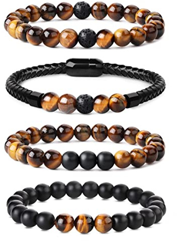YAODCA Pulsera de Cuentas 8mm Con Piedra Natural y Ojo de Tigre - 4 Piezas Para Hombres y Mujeres Con Cuero y Cierre Magnético de Acero Inoxidable