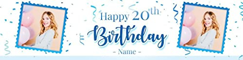 Individuelles Geburtstagsbanner mit Bild Name Alter Personalisierte Happy Birthday Banner mit Fotos Party Hintergrund Wanddekorationen 2,4m x 1,2m (Blau)