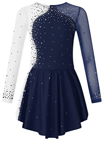 TiaoBug Mädchen Eiskunstlauf Kleid Ballettkleid Ballettanzug Langarm Body Ballett Trikot Turnanzug Eislaufen Bekleidung Wett­be­werb Kostüm gr. 104-152 Navy Blau FA 140