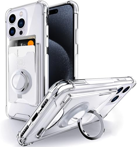 SHIELDS UP for iPhone 15 Pro Max Case with Card Holder & Ring Kickstand. | Wallet Minimalist Case,Transparent Slim Shockproof TPU Bumper Cover for iPhone 15 Pro Max 6.7''- Clear
