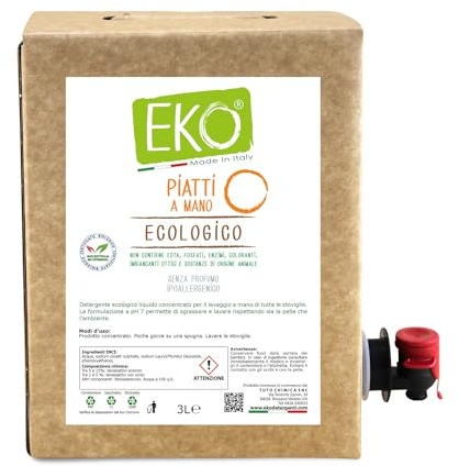 EKO Detersivo Piatti a Mano Bag in Box 3L, Ecologico - Senza Profumo Ipoallergenico