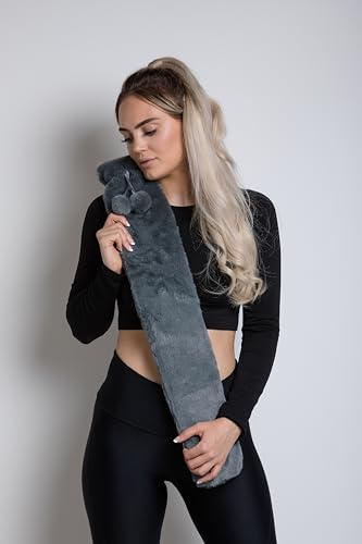 Extra lång vattenflaska varmvattenflaska i lyxigt grått fuskpälsöverdrag 72 cm 2 L