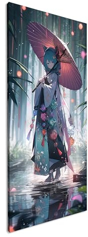 Leinwandbild Anime Stil, Kimono, geheimnisvoller Bambuswald Panorama Format: 120x60 cm XXL Kunstdruck Bild auf Keilrahmen/Wandbild/Wohnzimmer Deko