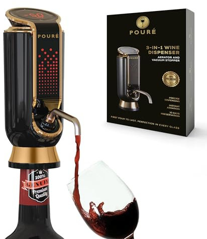 Pouré SB-9810 3-in-1 Wine Dispenser Aerator and Vacuum Stopper 3-in-1-Weinspender-Belüfter und Vakuum-Stopfen, Edelstahl, Schwarz