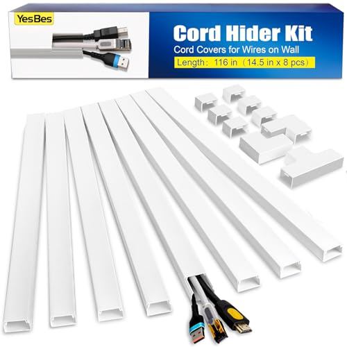 YesBes 116in Cord Hider Kit, Cord Covers for Wires on Wall, Paintable Cable Raceway, Cord Hider for Wall Mount tv, tv Cable Hider Wall kit, Wire Covers for Cords, W0.96in X H0.57in, White
