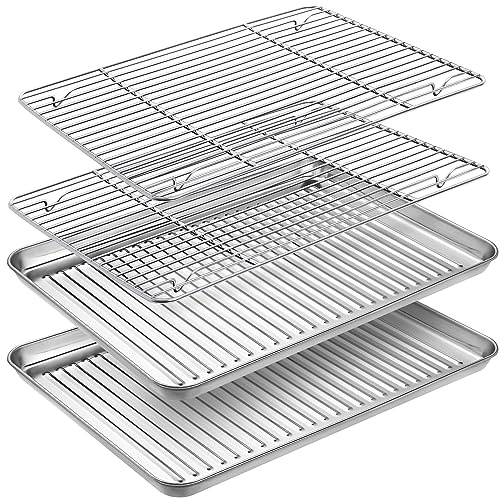 Baking Tray & Rack Set [2 Sheets + 2 Racks], Stainless Steel Non Stick | Oven Tray with Rack, Large Cookie Sheet Pan for Baking Cooking, Heavy Duty, Easy Clean, Dishwasher Safe (10 x 8 x 1 inch)