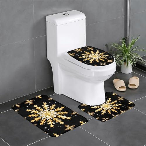 TietYaer 3-teiliges Badezimmerteppich-Set mit goldenem Weihnachts-Schneeflocken-Druck, konturierter WC-Vorleger, Badematte und WC-Deckelbezug, weich, Haushaltswaren
