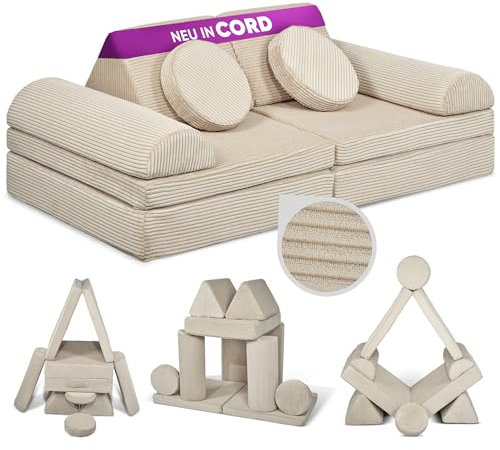 Linodino® Spielsofa Cord Fantasiewelt, Kindersofa-Bausteine - Stapelsteine für Kinder - Kindercouch, Sofa-Kuschelecke | Schaumstoff-Softbausteine | Oeko-TEX 100 Zertifiziert | Elfenzauber Beige