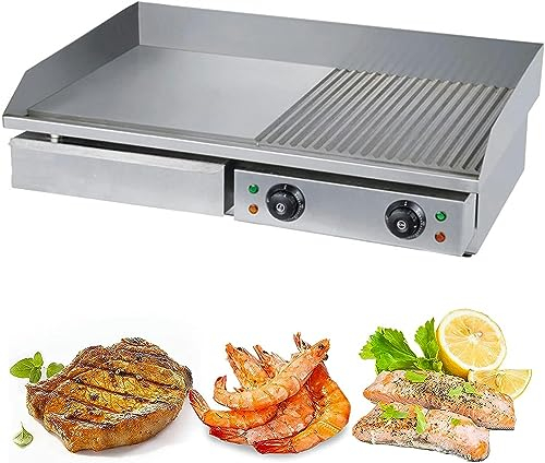 TVSKWMRQ Piastra elettrica per Barbecue, Piastra semipiatta in Acciaio Inox, Piastra Grande 728x400mm, con Controllo termostatico, Piastra da Cucina da appoggio 50-300℃ per Pancake, poll
