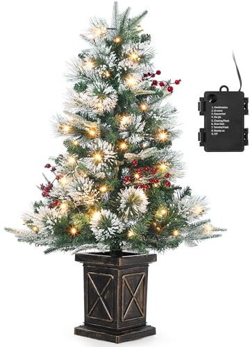 Weihnachtsbaum Künstlich mit Beleuchtung, 90 cm Künstlicher Weihnachten Baum Schneebeflockte mit 78 LED Retro Topfbasis Weihnachten Deko für Eingang Haus Büro