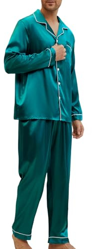 Heersan Ensembles de Pyjama Homme Hiver en Satin de Soie avec Chemise à Manches Longues et Pantalon de Pyjama Classique boutonné, Confortable Doux Deux Pièces Vêtements de Nuit