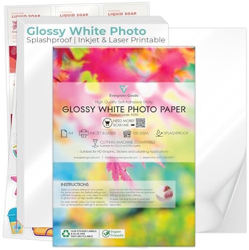 Evergreen Goods Papier photo autocollant blanc brillant A4 imprimable, 20 feuilles - Résistant aux éclaboussures | Imprimantes à jet d'encre et laser | Bureau à domicile et projets d'artisanat