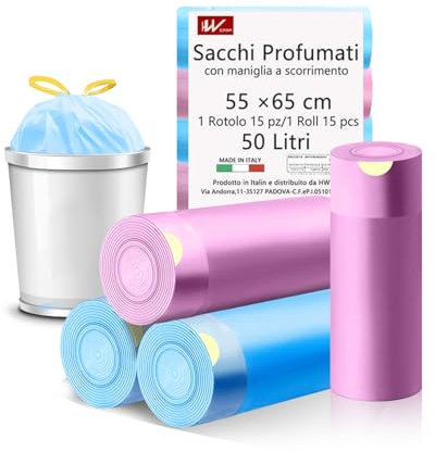 HW CASA 60 PZ Sacchetti Spazzatura 55x65,LDPE Riciclabile Sacchi Spazzatura,50 Litri,Sacchetti Pattumiera con Maniglia a Scorrimento,Aroma di Fragola e Talcato,Adatto per l'uso in Cucina
