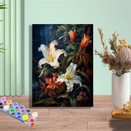 Hoonjiin Malen Nach Zahlen Erwachsene,DIY Blumen Weiße Lilien Acrylfarbe Malen Nach Zahlen AnfäNger Set,40x50cm（Ohne Rahmen）