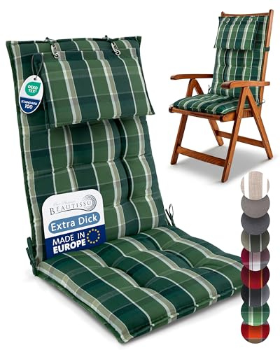 Beautissu 2er Set Premium Hochlehner Auflage Kopfpolster rutschfest robust | 120x50cm Grün kariert 8cm Dick Polster Gartenstuhlauflage robust UV-Lichtechtheit 5 rutschfest Befestigungsbänder Sun-HL