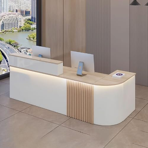 GUQASDV Empfangstresen für Praxis, Reception Desk Salon, Bürotheke Reception Tisch, Reception Theke mit Lichtleisten für Verkaufstheken, Kosmetiksalons(White+Natural,120x60x100cm)
