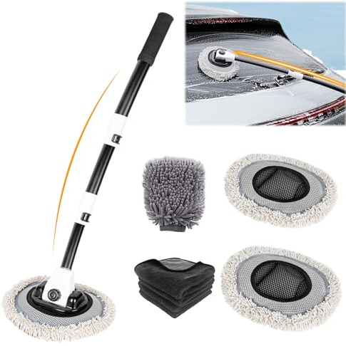 Autowaschbürste mit 3 Absätze Teleskopstiel, 15° Bogen Auto Waschbürste Set mit Mikrofaser Auto Waschbürstenüberzug ×2, Mikrofasertücher x1, Waschhandschuh x1, für RV Trucks Wohnwagen Wohnmobil (B)