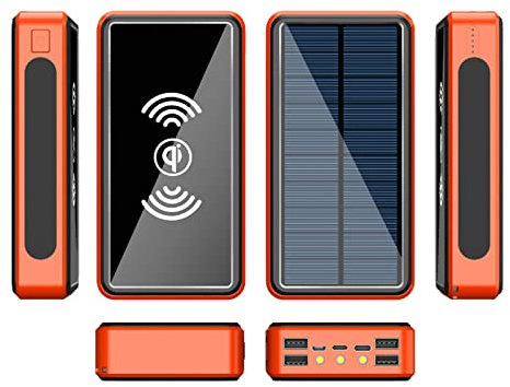 Power Bank Solare 100000mAh, Caricabatterie Portatile Wireless con 4 Uscite e 3 Ingressi Batteria Esterna con Torce LED, Caricabatterie Solare per iPhone, Samsung, Android, Campeggio ecc., A