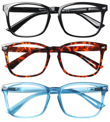 COJWIS 3 Pack Blaulichtfilter Lesebrille groß Damen Herren Computerbrille Lesebrillen Sehhilfe Brille Computer-Lesebrillen mit Sehstärke (Schwarz Grau Leopard Transparent, 4.00, x)