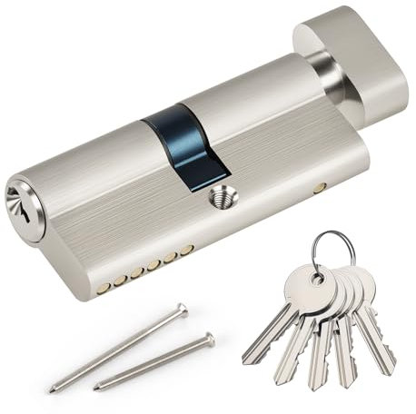 Hengsong Knob Cylinder 35/35 Brass with 5 Brass Keys, Lock Cylinder with Knob, Profile Cylinder for Security Lock Front Door with Eaves Approx. 7 cm x 1.7 cm x 3.2 cm, Silver